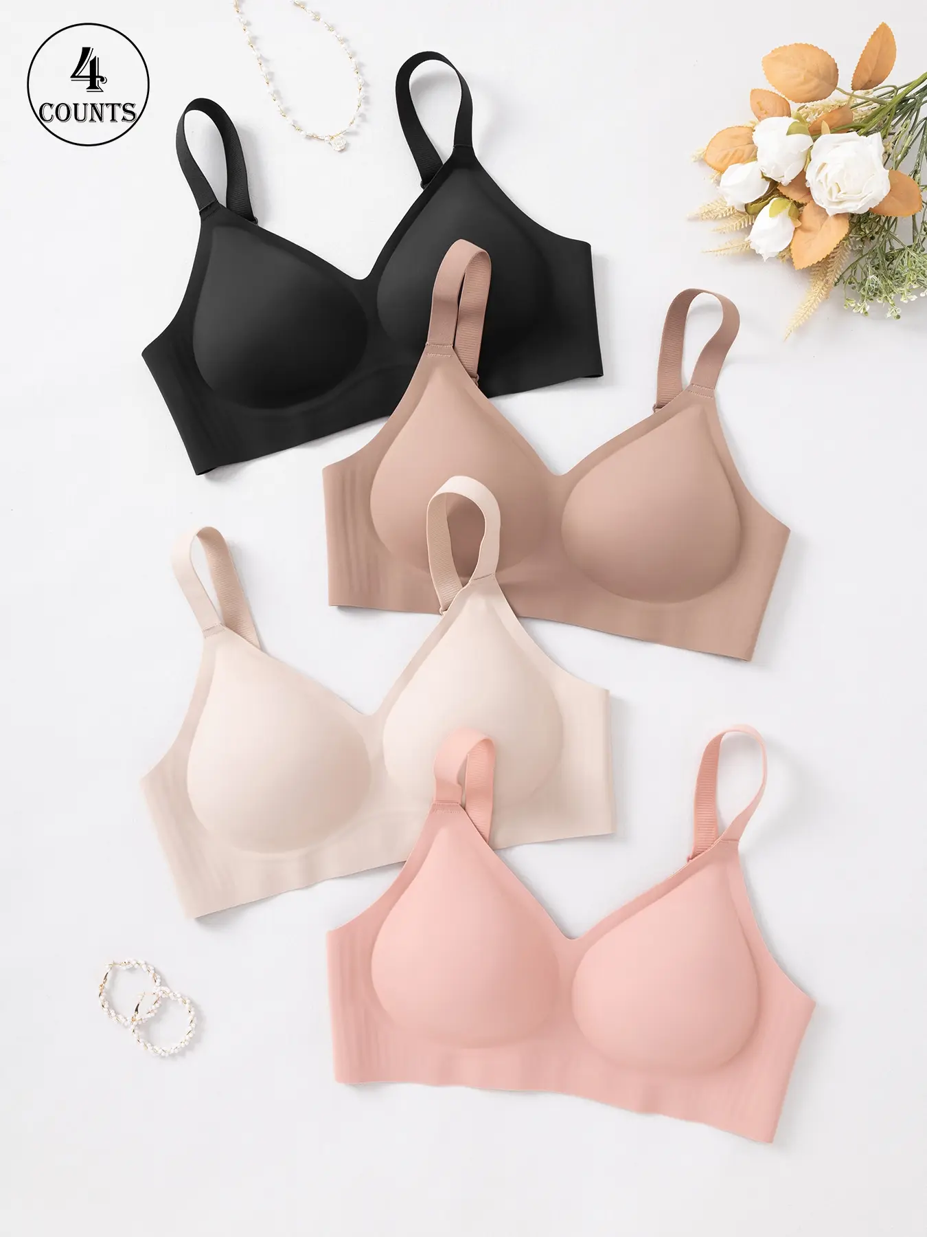 4 Pack/ 6 colors Solid color seamless Minimalist jelly women's bras with hook-and-eye adjustable straps XS-XL size Underwire support, gathers and enhances back, comfortable, breathable, skin-friendly, soft Daily casual/commute underwear bra