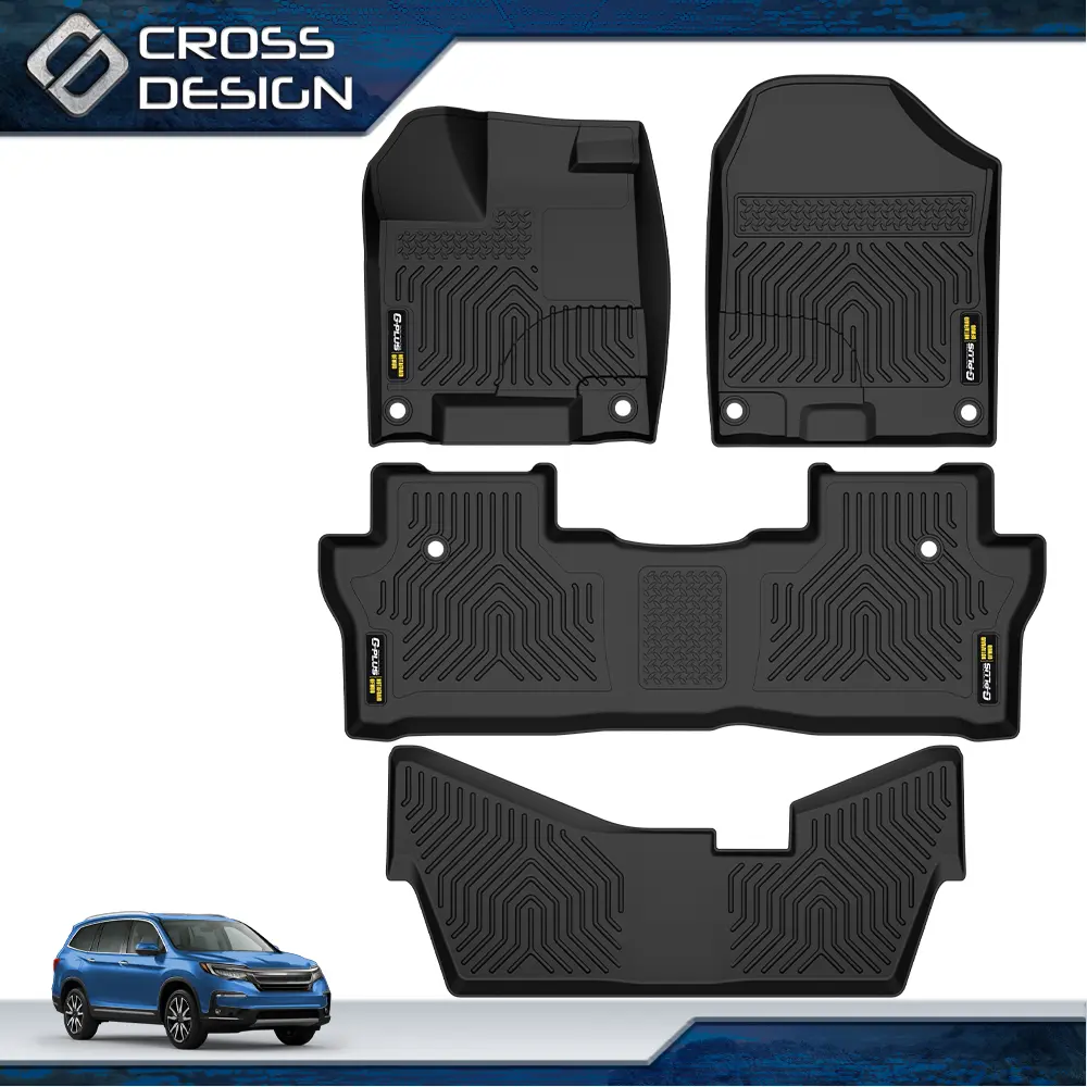 CROSSDESIGN Synthetic All-Weather TPE Front and Rear Set Floor Mats, Car Interior Accessory with Elasticity, 2016-2024 Fit for Honda Pilot 8-Passenger Models