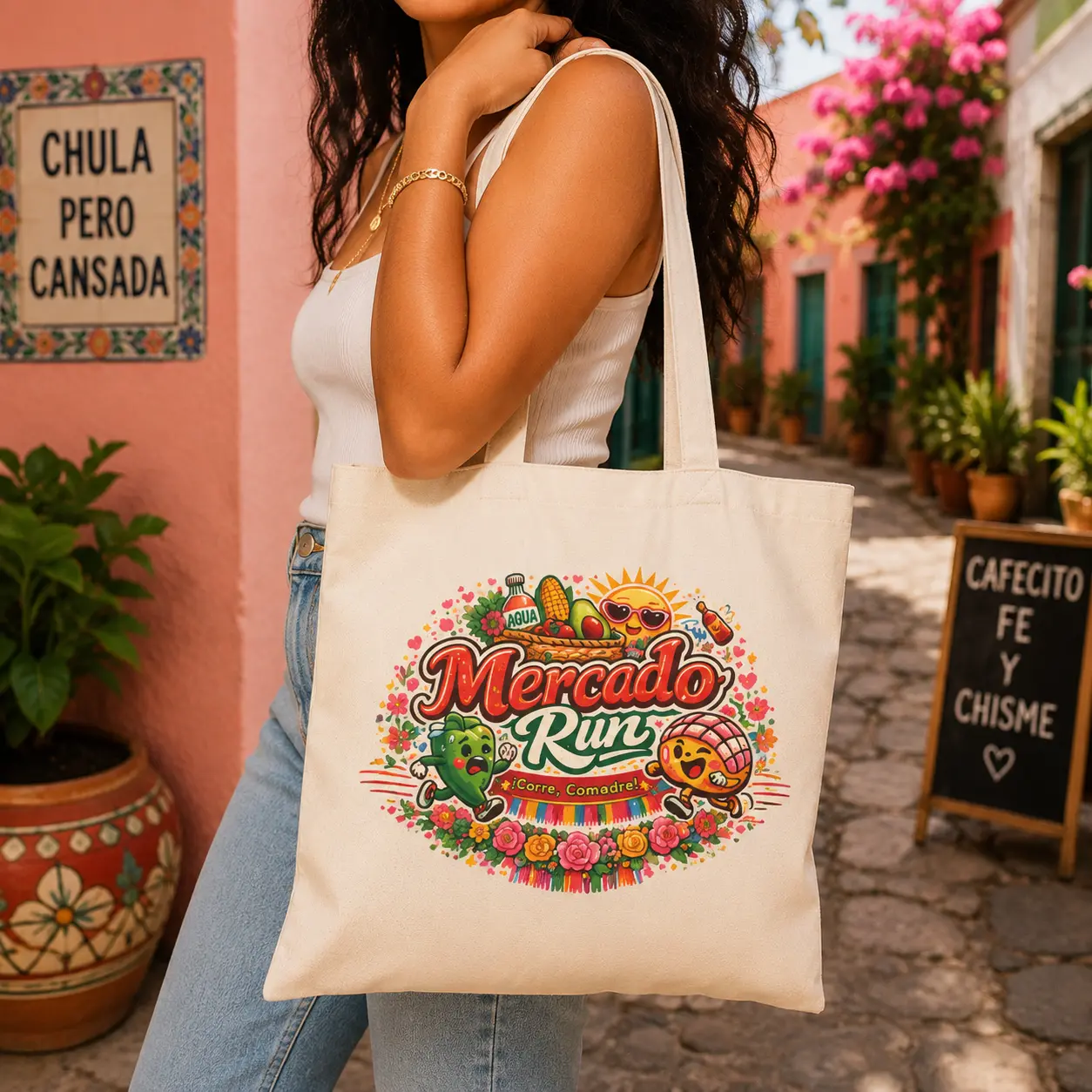 Mercado Run Tote Bag | Mexican Market Tote | Cute Latina Grocery Bag | Reusable Canvas Tote | Funny Hispanic Gift