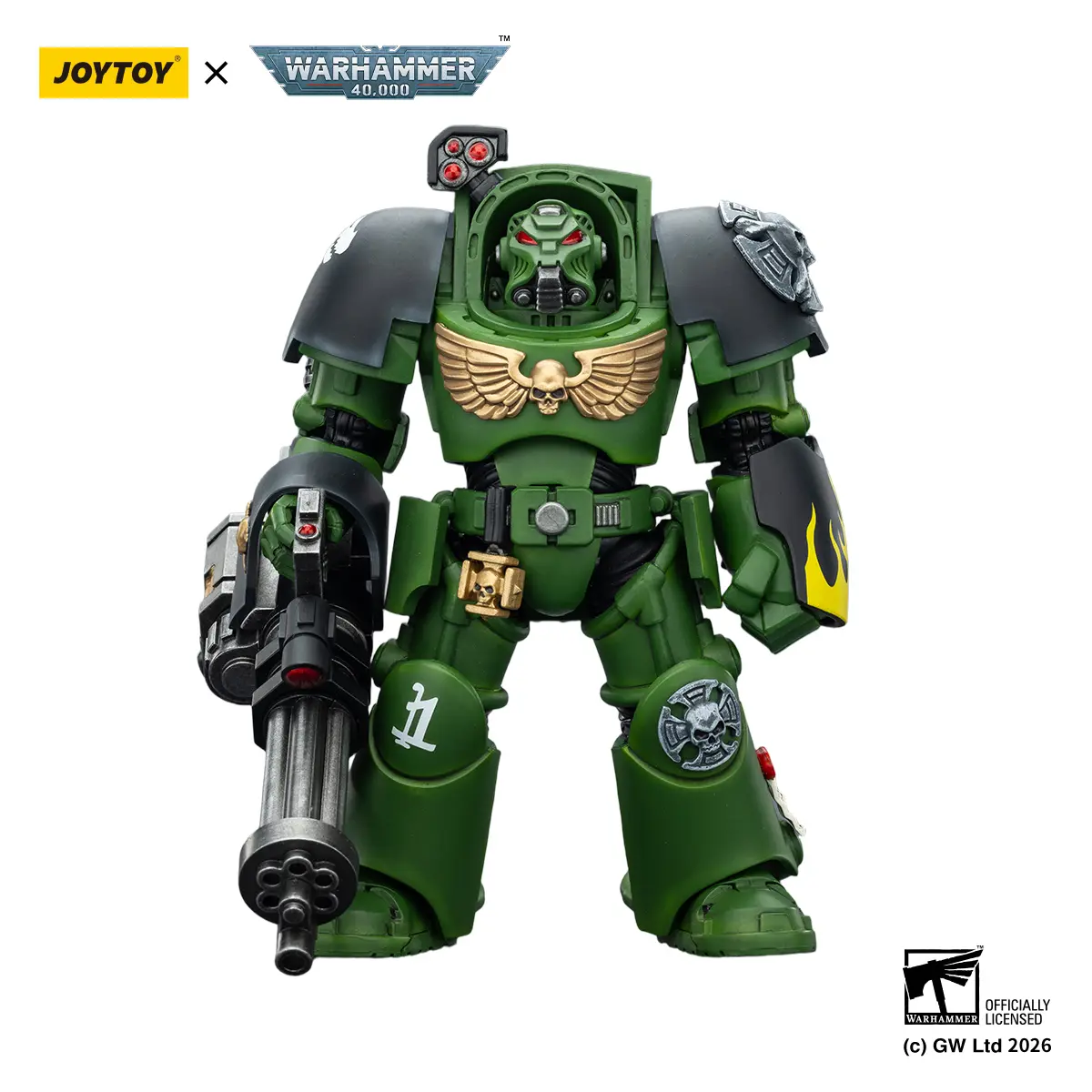 JOYTOY Warhammer 40000 1/18 Scale Collectible Action Figure - Salamanders Terminator 3 with Power Fist, Assault Cannon, JT03233, Detailed Craftsmanship, No Warning Applicable for Fans