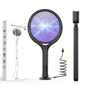 4000V Electric Fly Swatter Racket with 17–27.4in Extension Rod and  Base, 1800mAh Smart Bug Zapper, Powerful Mosquitoes Trap Lamp & Fly Killer with 3-Layer Safety Mesh for Home, Bedroom, Kitchen, Patio