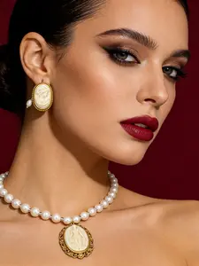 Elegant Oval Cameo Relief Necklace Earrings Set, Trendy Jewelry Set, Vintage Jewelry Set, Fashion Ancient Style Jewelry for Parties, Perfect Ear Accessories for Events
