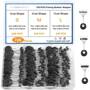 720 count Fishing Bobber Stopper, Oval Floats Sinker Stops, 6 in 1 Black Rubber Bobber Stops, L M S Size Float Stop Kit
