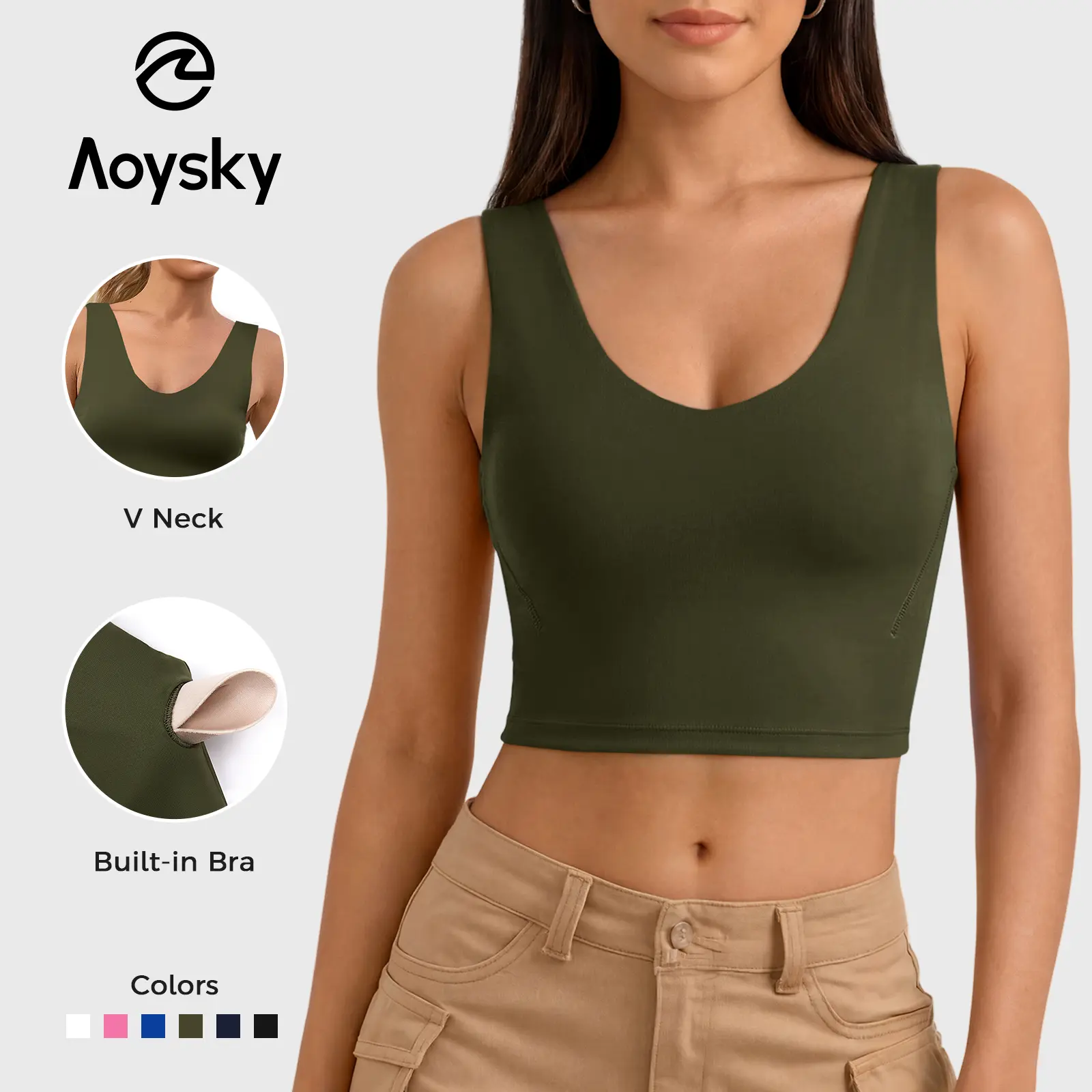 Aoysky Women's Buttery Soft V-Neck V-Back Fitted Tank Top with Built-in Wireless Sports Bra - Sleeveless, Lightweight Yoga Gym Activewear, Summer Workout Clothing, 2026 White, Workout Clothes, Athletic Fitted, Wireless Sports Bras, Female, Built-In Bra