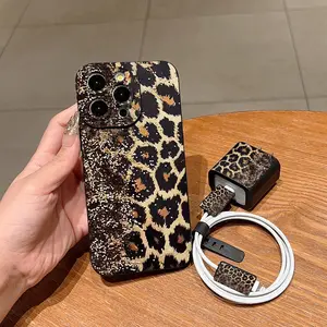 5-Piece Leopard Print Phone Case Set with Charger Cap and Cable Protector, Tpu Anti-Drop Case for iPhone 6-16 Pro Max, Perfect Gift for Girls and Couples