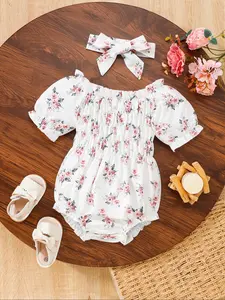 Women's Floral Off-Shoulder Romper Set with Hairband, Casual Fitted Design, Bubble Sleeves, Perfect for Parties and Daily Wear, Baby Girl Clothes