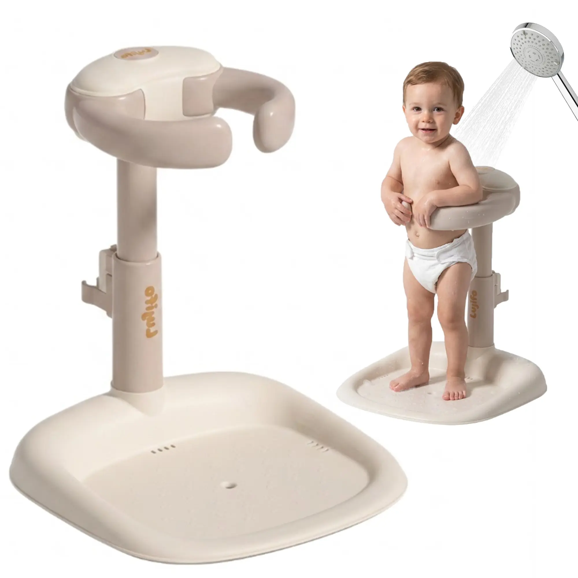 LUJIFO Khaki Baby Bath Stand, Adjustable-Height Non-Slip Assist Support for 6-36 Months Infants & Toddlers (Shower & Bath Use)