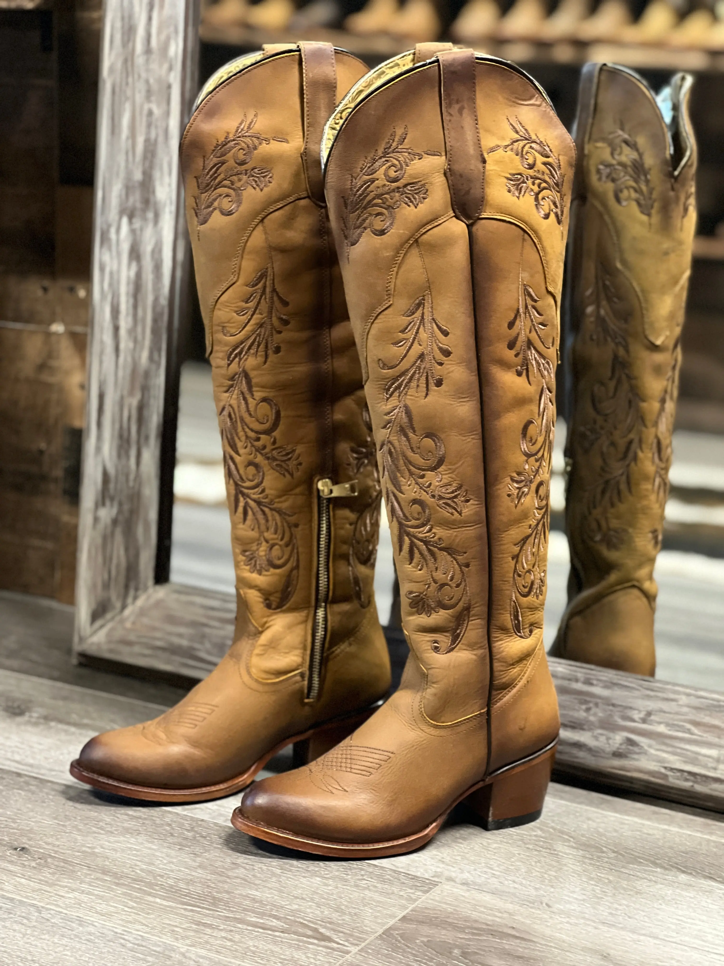 LUNALA MIEL WOMEN’S BROWN EMBROIDERED WESTERN BOOTS – KNEE-HIGH COWGIRL BOOTS WITH SIDE ZIPPER