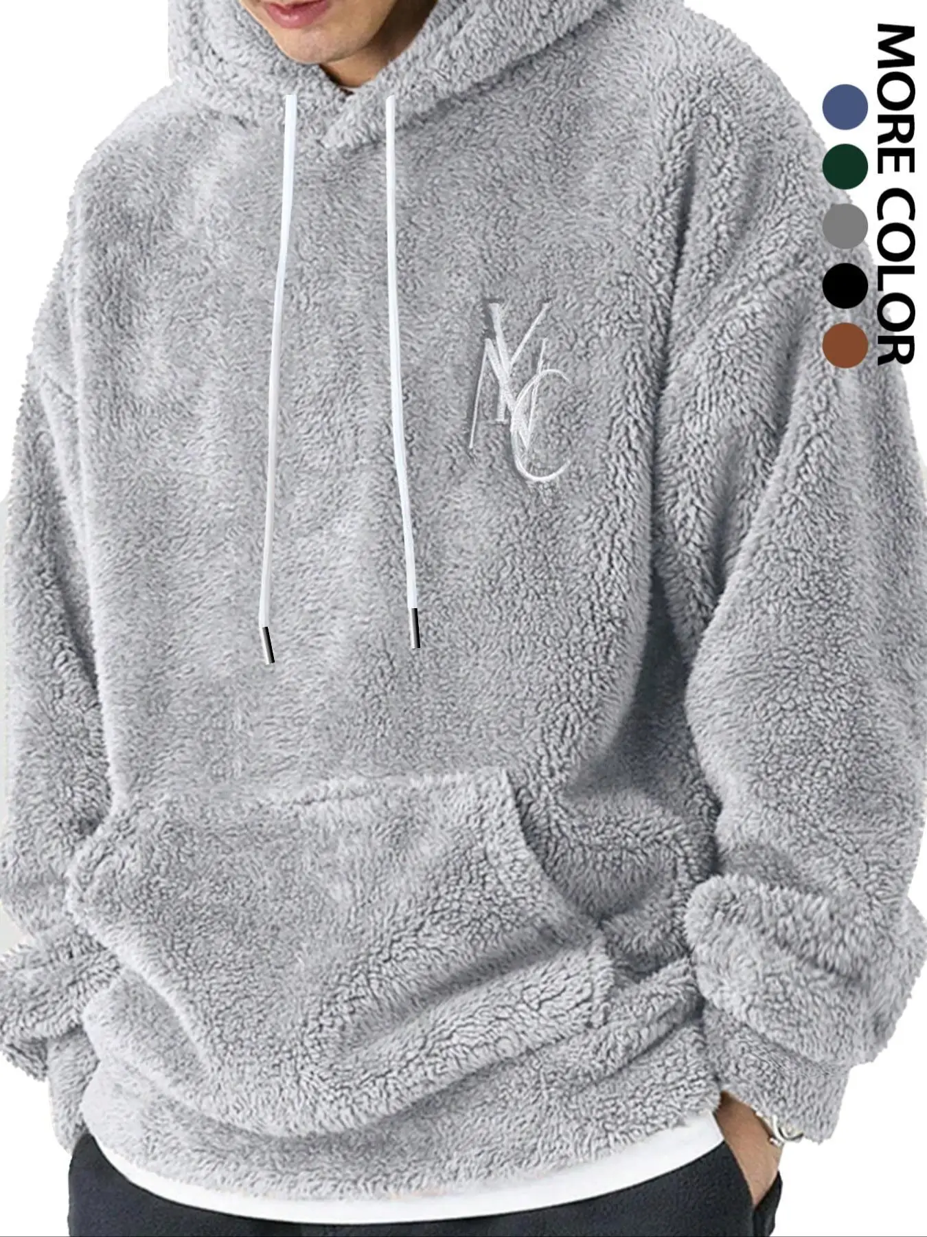 Men's Letter Embroidery Drop Shoulder Fuzzy Hoodie, Regular Fit Casual Long Sleeve Pocket Hooded Sweatshirt for Fall & Winter, Men's Clothes for Daily