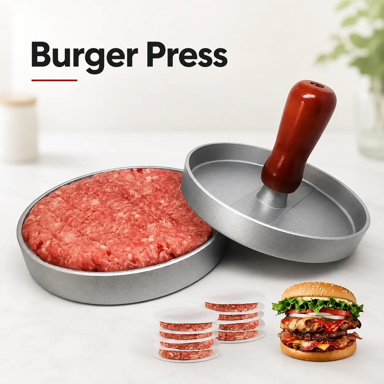 Stainless Steel Durable Smooth Surface Handheld Burger Meat Press - Non-Stick, Easy-Grip Labor-Saving Kitchen Utensil for Grill Cooking, Family Daily Meals, Uniform Shapes Beef/Chicken/Cheese Patties