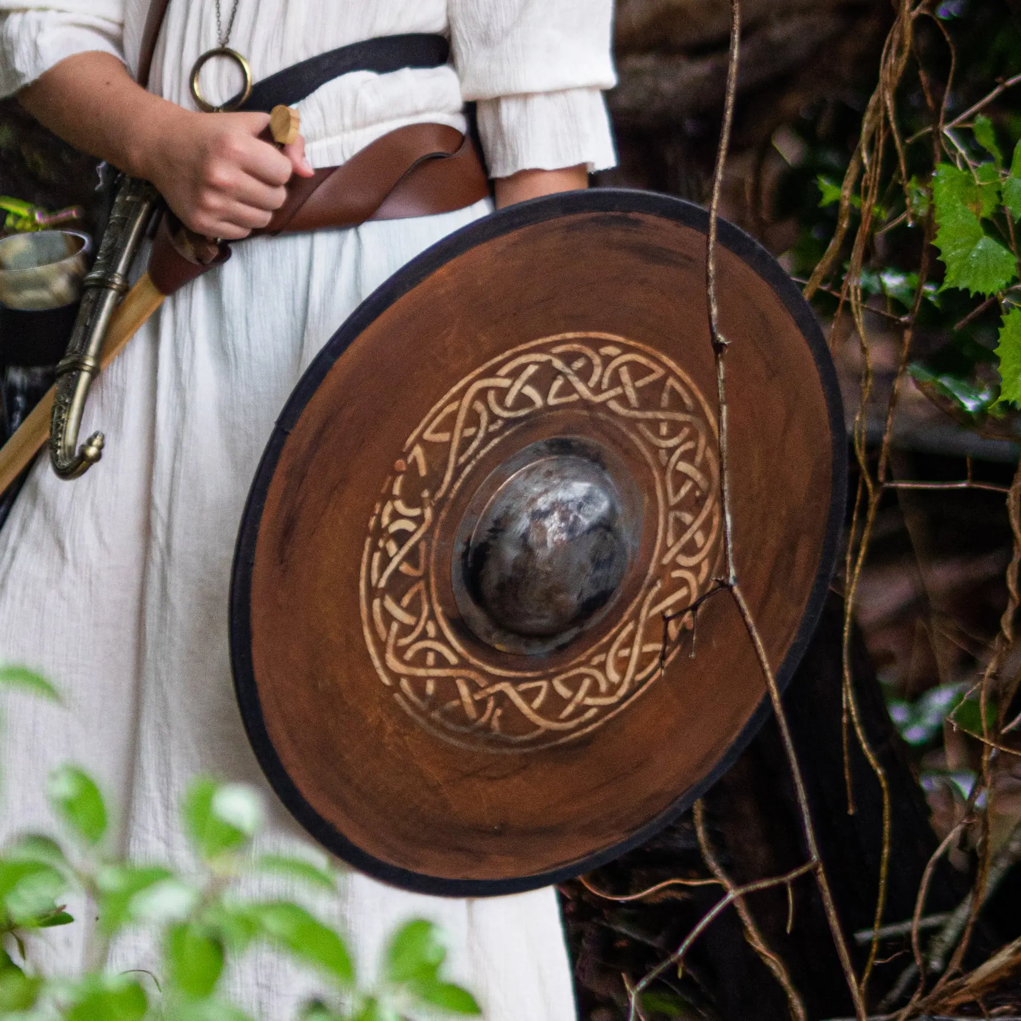 Handmade Dragon Viking Shield, 19-Inch Plywood Costume Accessory with Black Fabric Trim for Men's Warrior Costumes, Carved, Menswear, Collectibles, Copper Rivets, Medieval Knight Style Costume Accessories