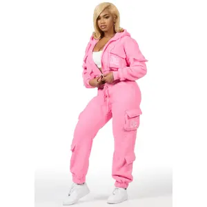 Renea Pink Sherpa Cargo Baggy Fit Track Set