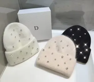 Paris Fashionable Cross Light Rhinestone Wool Knitted Hat with Warm Soft Waxy Plush and Colorful Jewels for Winter Outdoor Use