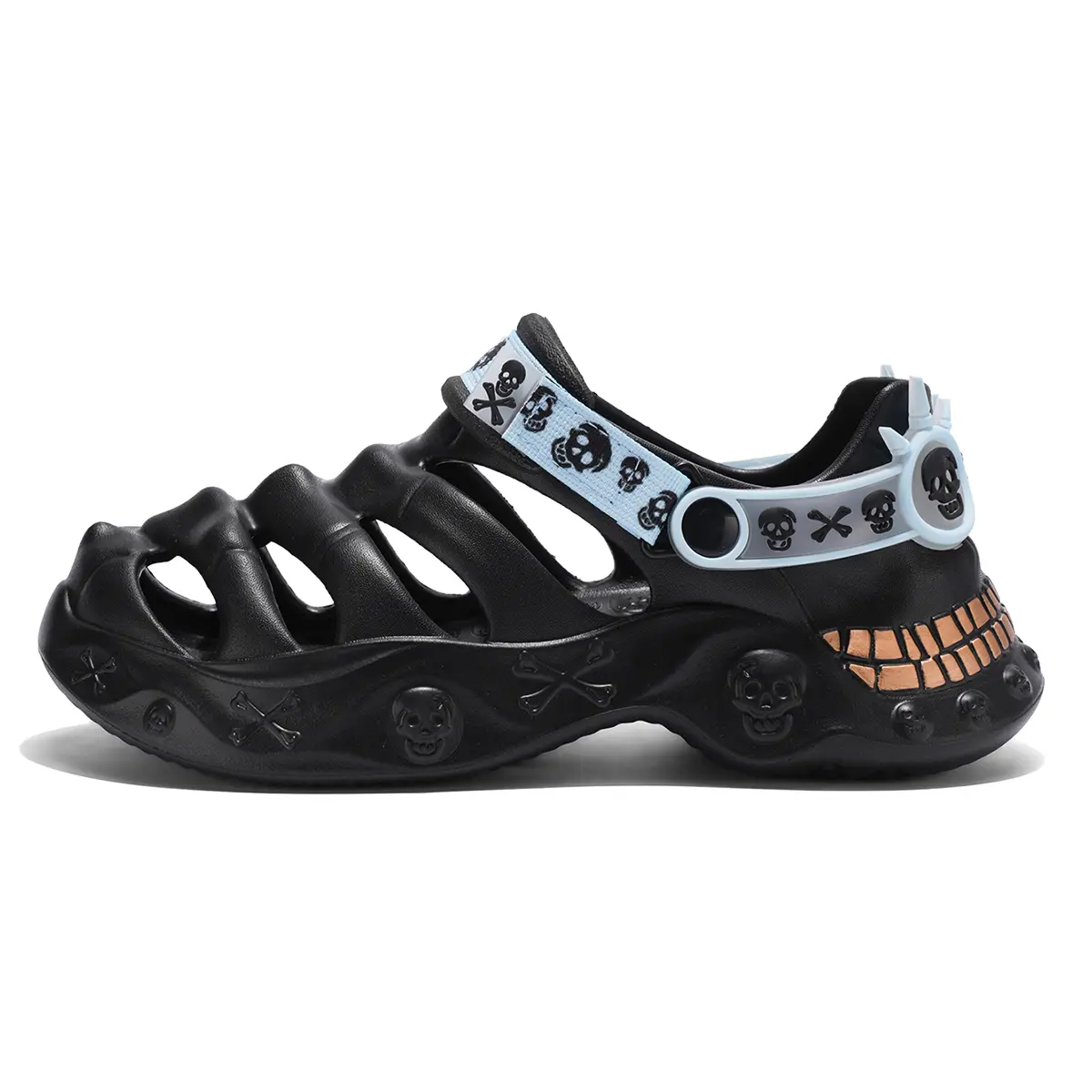 Unisex Gothic Skull Embossed Platform Clogs, Adjustable Strap Punk Skeleton EVA Closed Toe Slides, Non Slip Thick Sole Water Sandals For Halloween Beach Pool Daily Wear