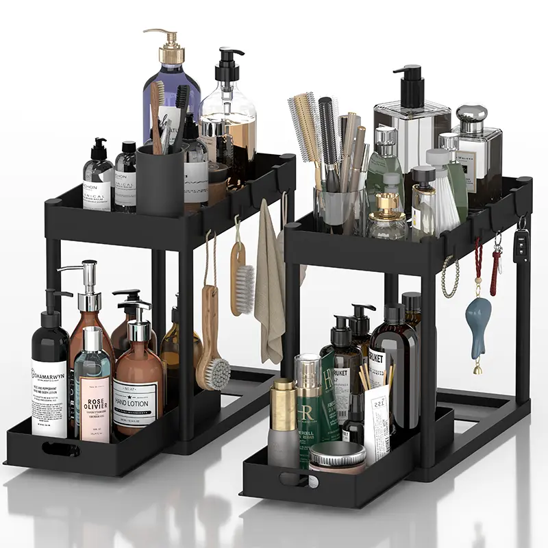 2 Pack Under Sink Organizer 2 Tier Bathroom Cabinet Organizer with Sliding Basket Multi-Purpose Storage for Bathroom Kitchen Black 2 Pack