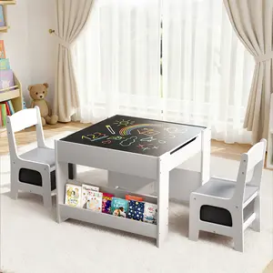 Arlopu Kids Table and Chairs Set, 4 in 1 Toddler Art Desk with Storage Drawer, Wooden Activity Deskboard, Blackboard, Reversible & Detachable Tabletop, Bookshelf for Drawing, Reading