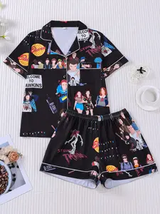 Women's 2-Piece Stranger Things Print Lapel Pajama Set, Short Sleeve Button Down Top with Pocket & Elastic Waist Shorts, Soft Comfy All-Season Loungewear, Casual Sleepwear for Ladies Home Daily Wear