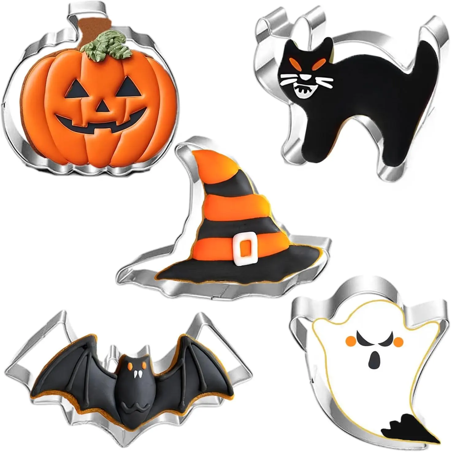 5pcs Halloween Cookie Cutters Set shapes Pumpkin, Bat, Ghost, Witch's Hat, Cat Halloween Holiday cookie decorating kit