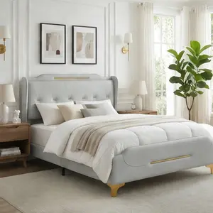 Modern Upholstered Queen Platform Bed Frame with Wingback Headboard, PU Leather, No Box Spring Needed, Noise Free, Heavy Duty, Easy Assembly, Grey Bed Frame for Bedroom, Bedroom Furniture for Bedroom, Guest Room, Kids Room, Teen Room