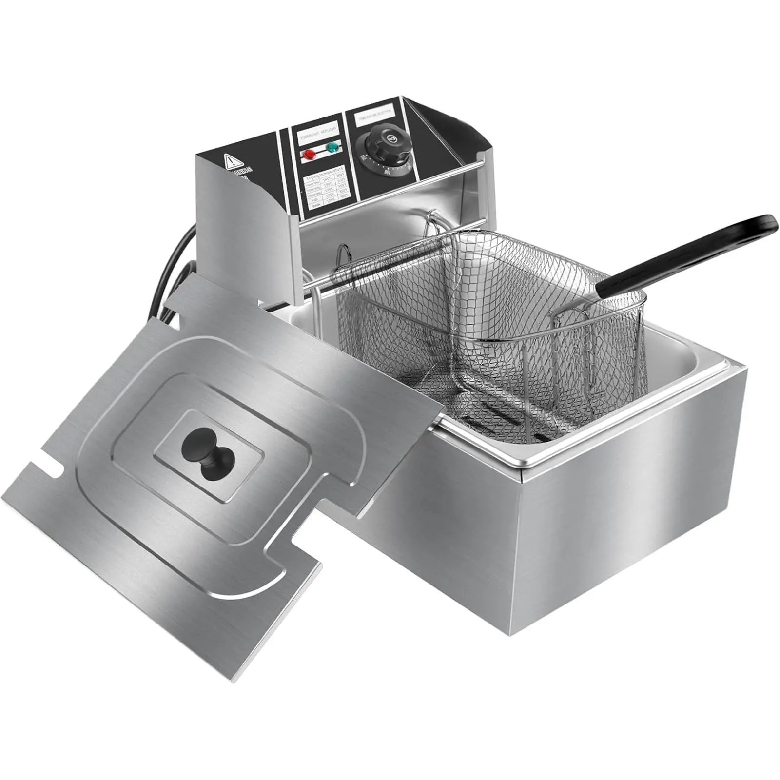 Electric Deep Fryer 6L Stainless Steel Single Tank  Fryer with Basket, 2500W 110V Countertop Deep Fryer for Home and Restaurant Use with Lid & Temperature Control