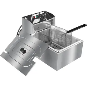 Electric Deep Fryer 6L Stainless Steel Single Tank Commercial Fryer with Basket, 2500W 110V Countertop Deep Fryer for Home and Restaurant Use with Lid & Temperature Control