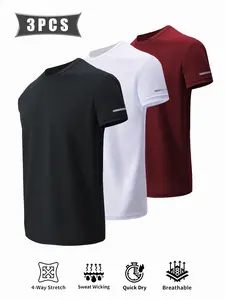3-Pack Men's Short Sleeve T-Shirts, Moisture-Wicking Fashion Tops, Multi-Color Set, Round Neck Casual Sports Tees, Gym, Running, Daily Wear