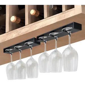 Wine Glass Holder, 2 Pack, No Drilling Required, Hanging Stemware Rack Organizer for Bar Cabinet Kitchen, Black