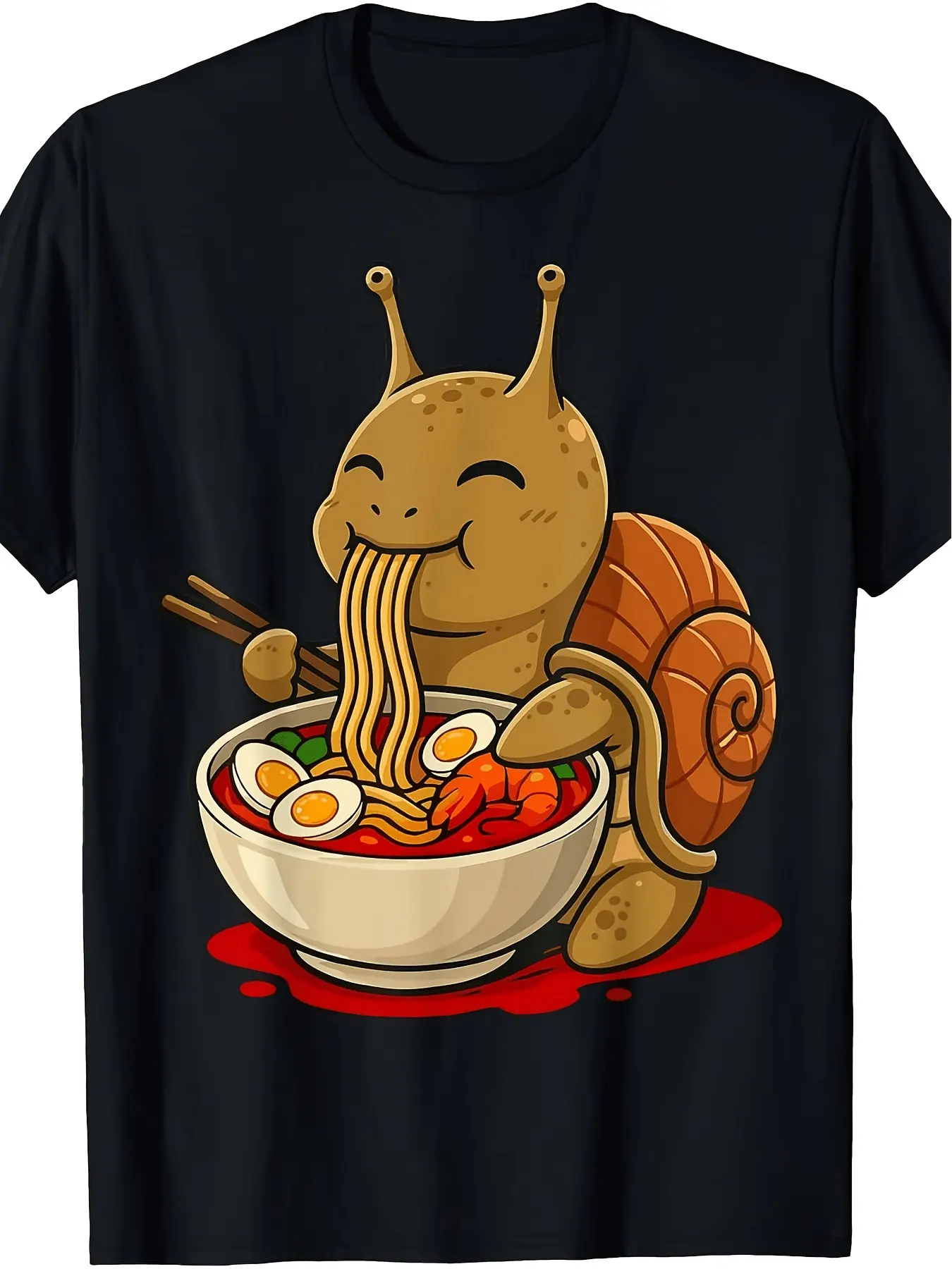 Men's Snail Ramen Anime Graphic Print T-Shirt, a Casual Shortsleeve Crew Neck Top in Slight Stretch Polyester Fabric, Plus Size, Knit, Menswear