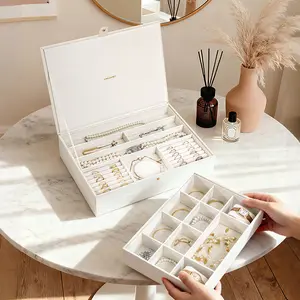 3-Layer Stackable Large Jewelry Box Organizer with Removable Trays - Waterproof PU Leather Storage with Soft Velvet Lining, Snap Closure, for Rings, Earrings, Watches and Bracelets