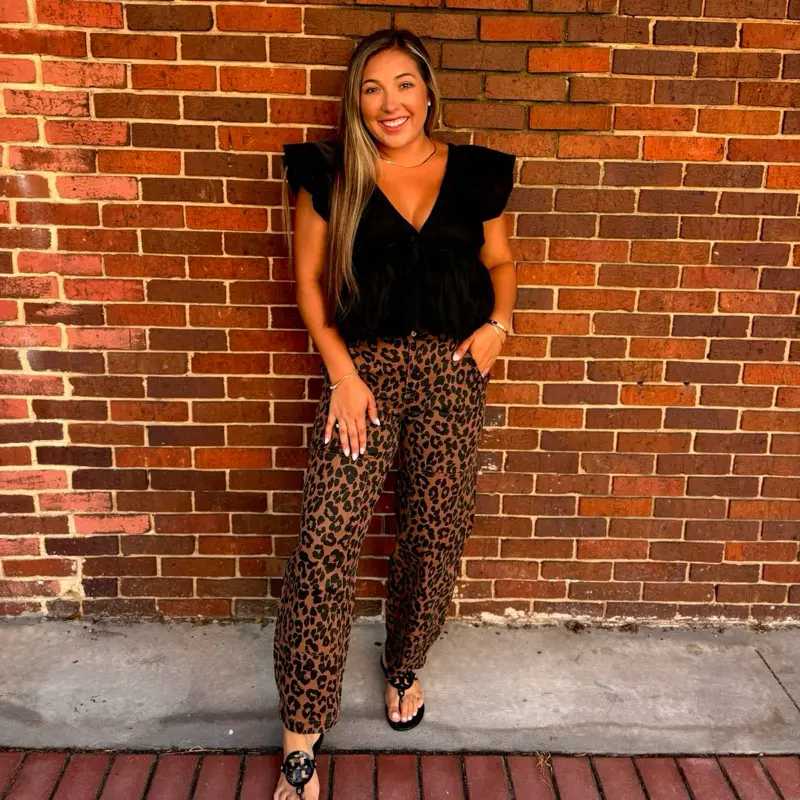 Leopard patchwork barrel jeans