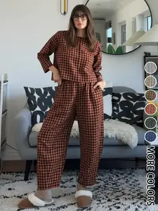 Women's Fall Casual Plaid Print Set, Loose Fit Long Sleeve Top & Elastic Waist Wide Leg Pants Two-Piece for Home Wear, Clothes
