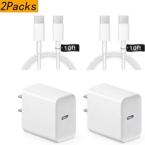 2-Pack 20W PD USB-C Wall Charger with 6FT/10FT Type-C to C Cable for iPhone 16/15 Series, iPad Pro, Air, Mini, Samsung Galaxy, Charging Device