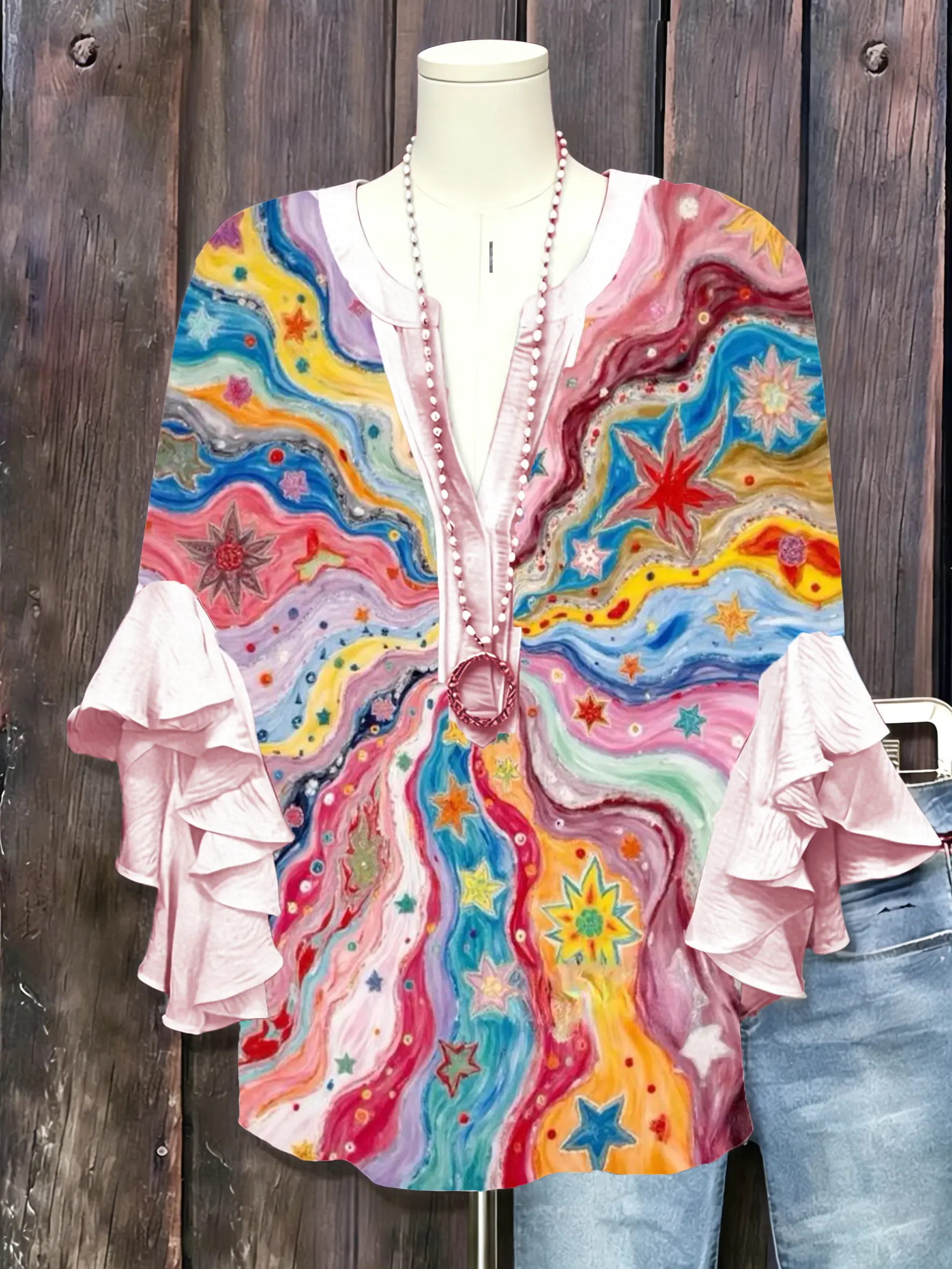 Women's Boho Blouse, Starry Graffiti Print V-Neck with Ruffle Half Sleeves - Stylish Loose Fit Casual Summer Wear, Stylish Women's Wear, Boho Clothes For Women