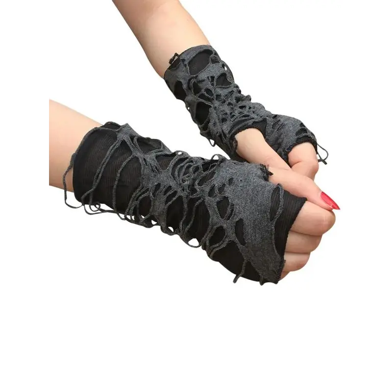 Gothic Fingerless Arm Sleeves - Distressed Ripped Texture, Long Emo Style Fashion Gloves for Dark Punk Themed Events & Costume Parties, Cosplay Accessories