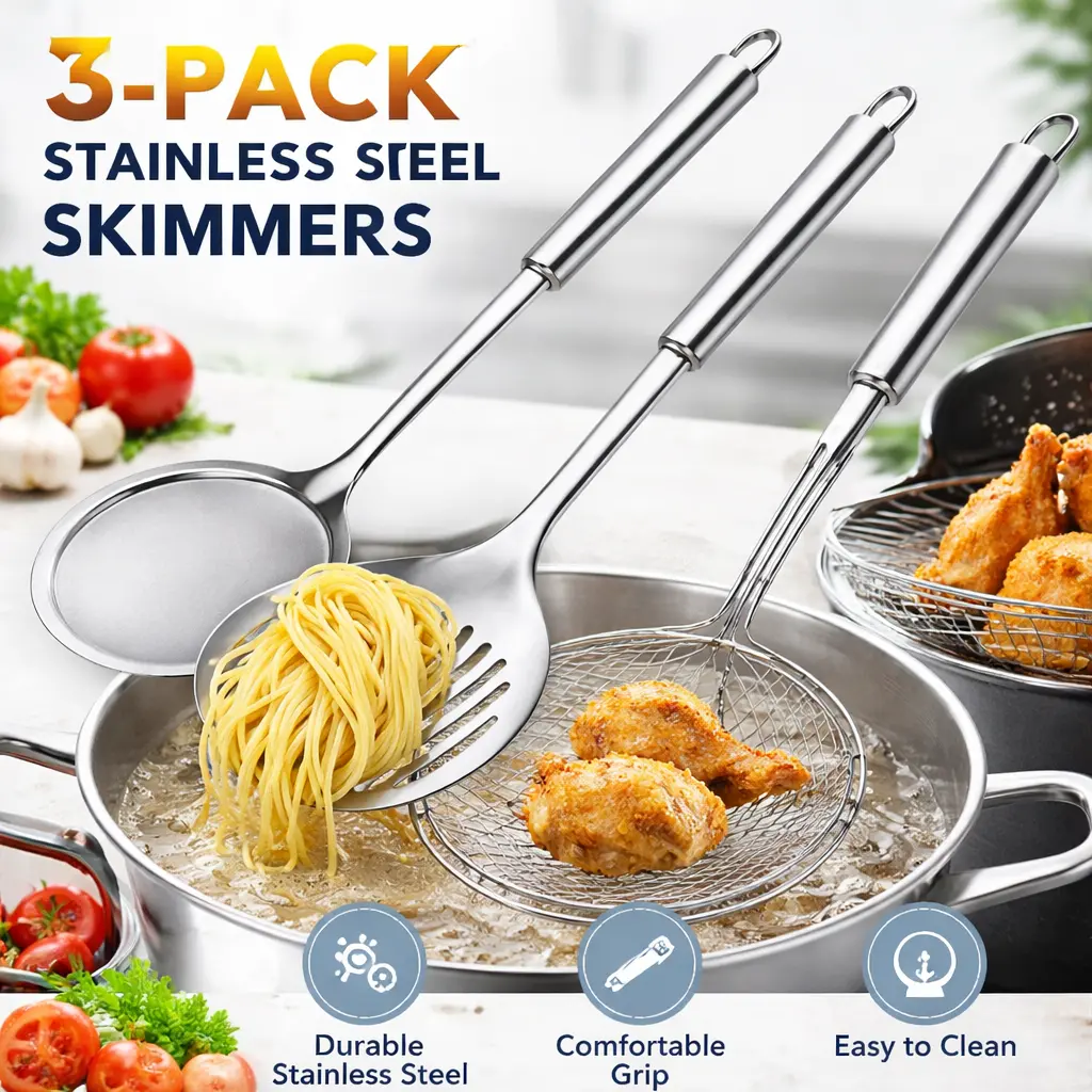 13-Inch 3-Piece Stainless Steel Kitchen Cooking Utensils Set - Long-Handled Slotted Skimmer Ladle, Wire Spider Strainer, Hot Pot Fat Skimmer, Durable Heat-Safe Easy to Clean Kitchen Cooking Accessories for Hot Oil Use, Frying