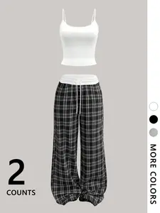 Women's Two-Piece Casual Set, Camisole and Striped Tartan Long Pants, Fitted Fashion Top and Pants Combo for All Seasons, Trendy Street Style