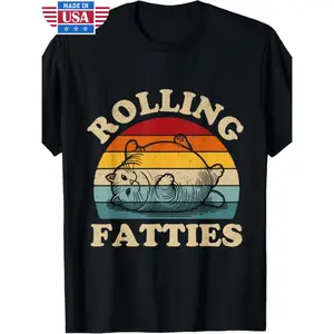 Men's "Rolling Fatties" Cat Humor T-Shirt - 100% Cotton, Vintage Retro Style, Short Sleeve, Crew Neck, Colorful Cat Graphic, Casual Sportswear, Made in USA, Casual Attire | Vintage Graphic Tee | Knit Tshirt