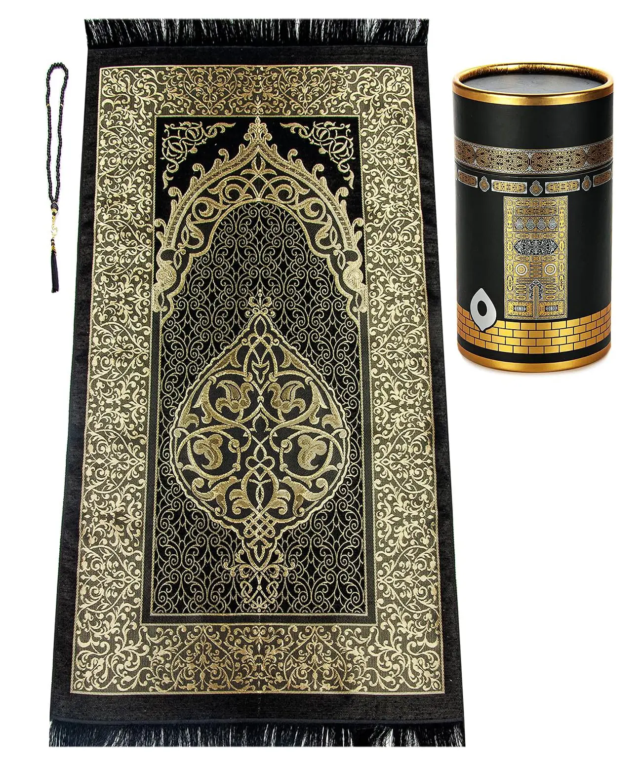 Prayer Rug and Prayer Beads with Elegant Design Cylinder Gift Box | Janamaz | Sajadah | Soft Islamic Gifts Set | Carpet Mat, Taffeta Fabric, Black