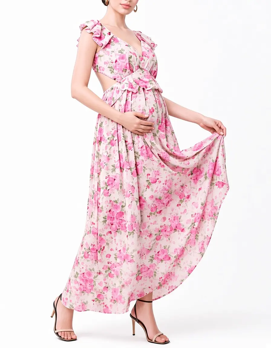 Maternity Floral Maxi Dress Ruffle Cap Sleeve V-Neck Tie Back Summer Pregnancy Gown for Baby Shower