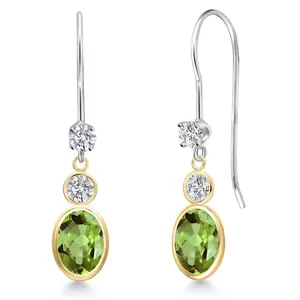14K Two Tone Gold Green Peridot and Lab Grown Diamond Dangle Earrings for Women | 2.16 Cttw | Gemstone August Birthstone | Oval 7X5MM