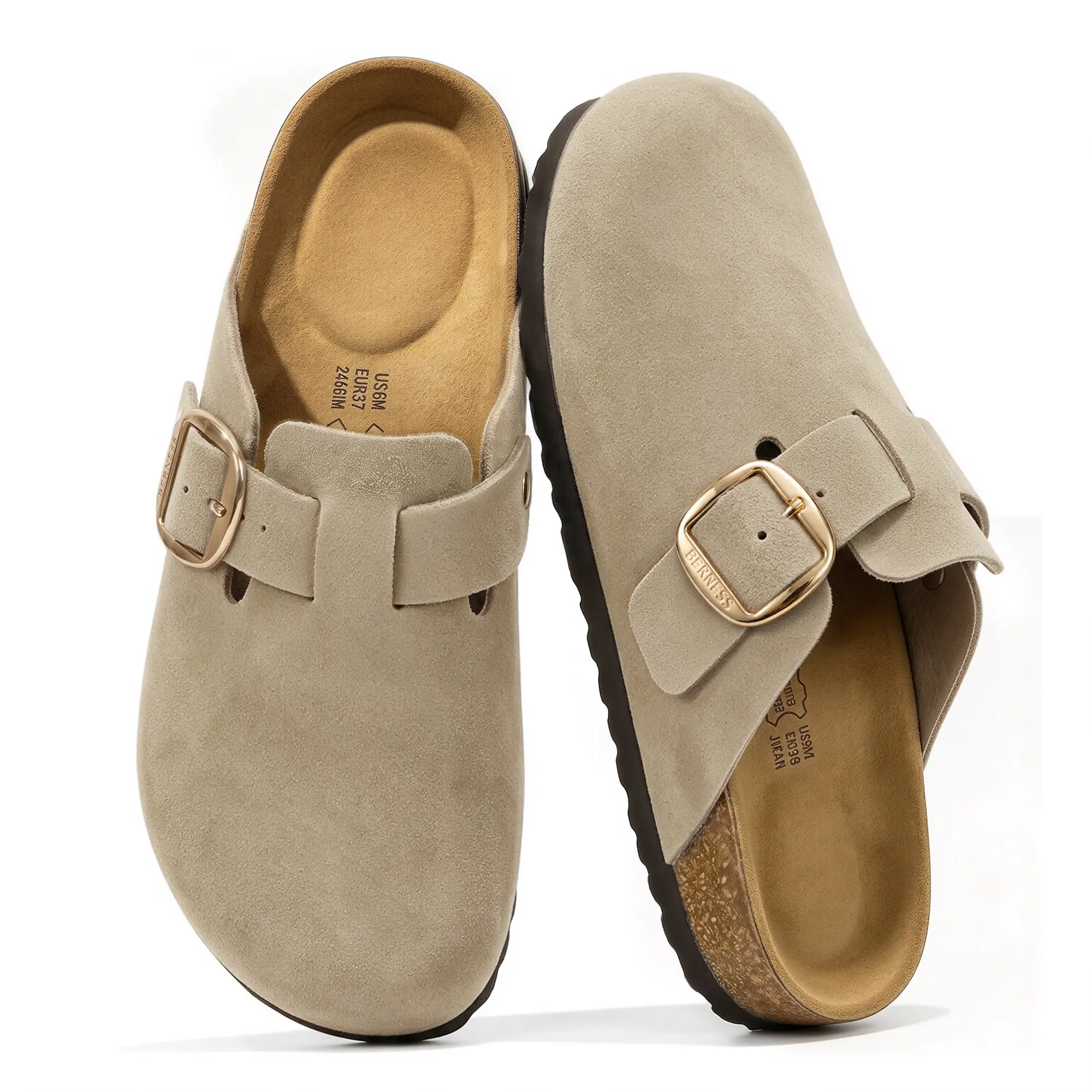 BERNESS Baine Women's Full Genuine Leather Buckle-Strap Clogs - Plain Round-Toe Suede-Look Slip-On Mules, Adjustable Memory Foam Daily Women's Shoes for Comfortable Casual Walking