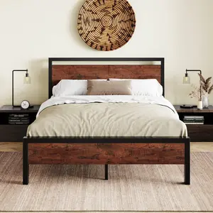 MUTICOR 14in Metal Platform Bed Frame with Wooden Headboard and Footboard,【Frame Only No Mattress】No Box Spring Needed, Large Under Bed Storage, Non-Slip Without Noise#SummerVibes