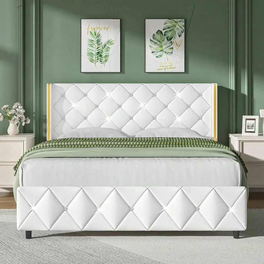 Upholstered  Frame,  Modern   Frame With Wingback  Diamond Headboard, No Box Spring Needed, Easy Assembly, Twin/ Full/ Queen/ King, Black/ Pink/ White/ Purple/ Blue/ Green  LED Cloud Size Gingham Daybed Trundle Double Floor Door,  Frames, Queen Size