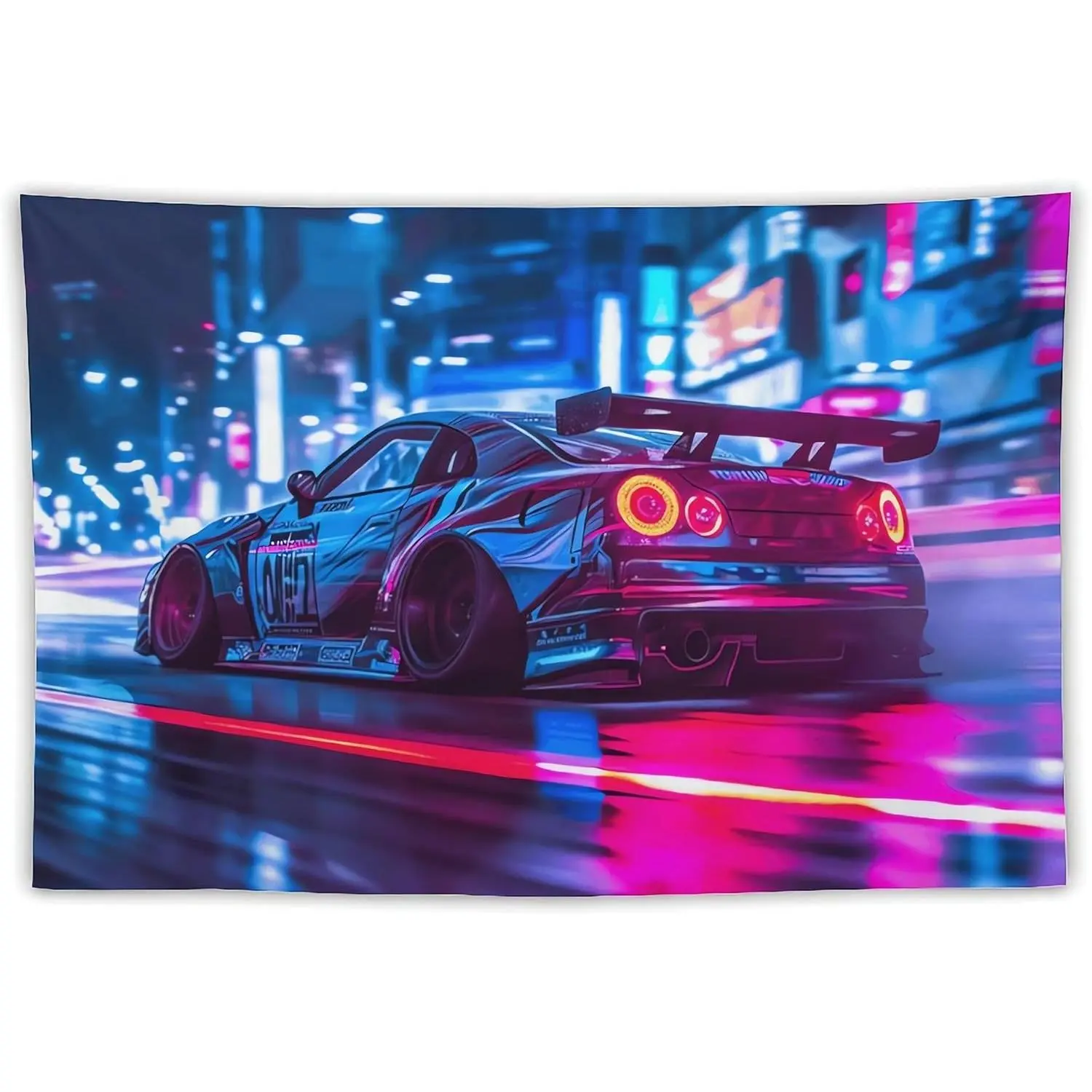 Car Tapestry for Men Teen Boys, Neon Sports Car Tapestries City Night Wall Hanging Aesthetic Decoration for Bedroom Living Room Dorm Rainy Night Light Track Wall Art Decor 59"x39"