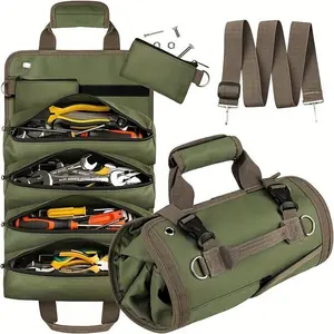 Roll Up Tool Bag, Portable Tool Storage with Detachable Zipper Pouch, Compact Small Tool Bag for Handyman RV Owners, Birthday Gifts