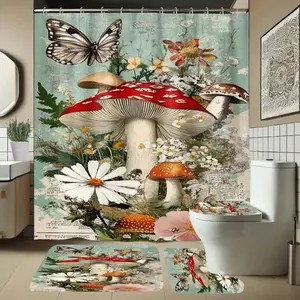 1/4 set Mushroom Pattern Bathroom Set, Fashion Design, Includes Soft Floor Mat and Toilet Seat Cover, Shower Curtain, for Elegant Decoration, Home Decor, Floor Mat with Good Resilience, Water Absorbent, Non-Slip, Perfect Gift Choice