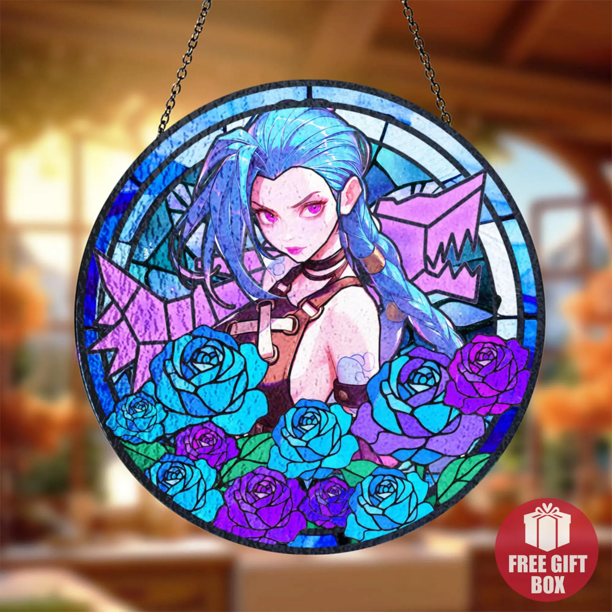 Glass Suncatcher Jinx Arcane Stained - Gamer Gift, LOL Merchandise, Arcane Fan Decor, Powder Ornament, Window Hanging Gift