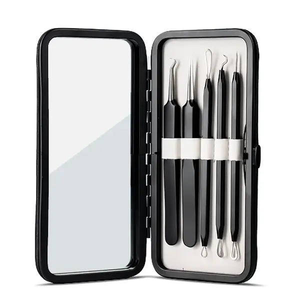 Acne & Blackhead Remover Skin Care Tool Set - 5 Piece Pimple Popper Kit With Mirror | Safe & Effective Removal Of Pimples, Zits, Blemishes, Blackheads, & Whiteheads | Comedone Extractor | Stainless Steel, Ergonically Designed, Leather Protective Case