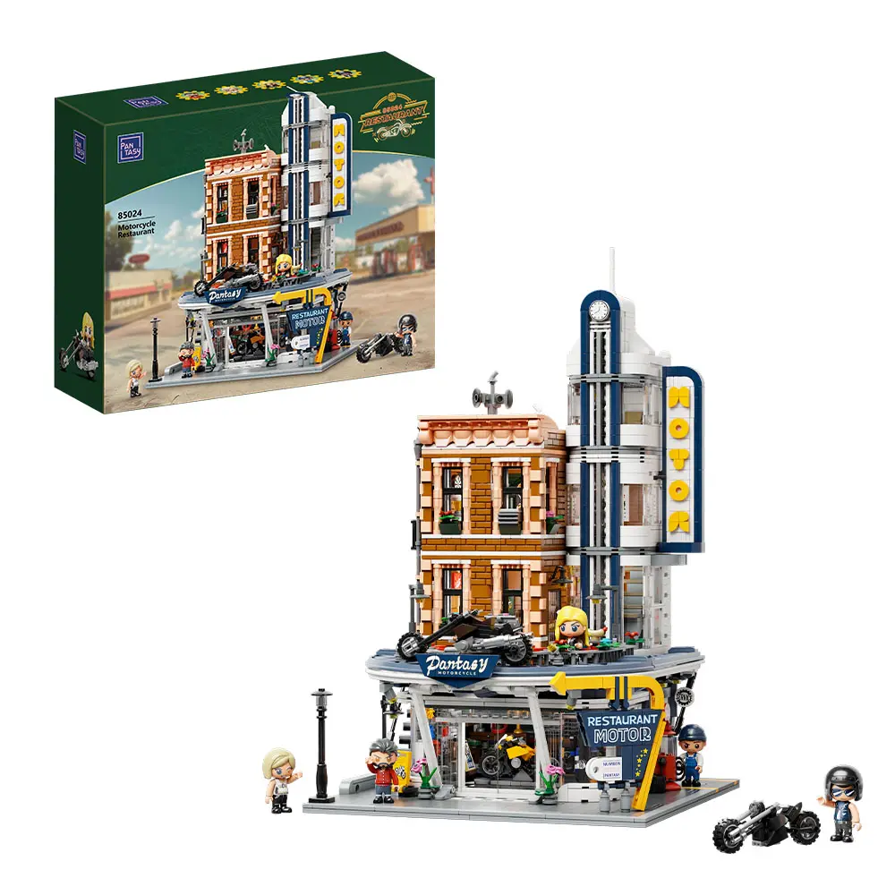 PANTASY Retro Motorcycle Diner & Bar Building Set - Modular Street Corner Architecture Kit with Interactive Doors, Openable Walls, 4 Motorcycles & 5 Exclusive Minifigures for Display & Play