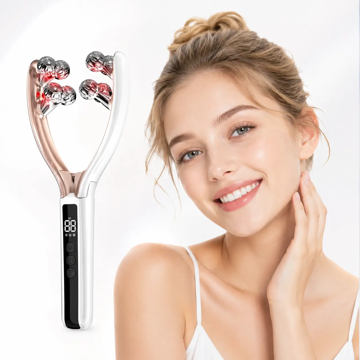 Wireless Face & Neck Massager Tool, Rechargeable 3D Roller Facial Beauty Device with LED Light, Portable Skin Care Tool for Home Travel Use